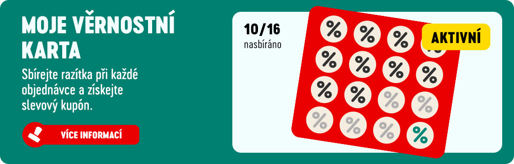 Moje věrnostní karta. Sbírejte razítka při každé objednávce a získejte slevový kupón. Více informací.