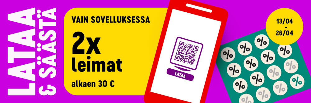 Lataa & säästä. Vain sovelluksessa 2x leimat alkaen 30€. 13/04-26/04.
