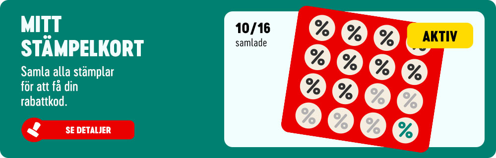 Mitt stämpelkort. Samla alla stämplar för att få din rabattkod. Se detaljer.