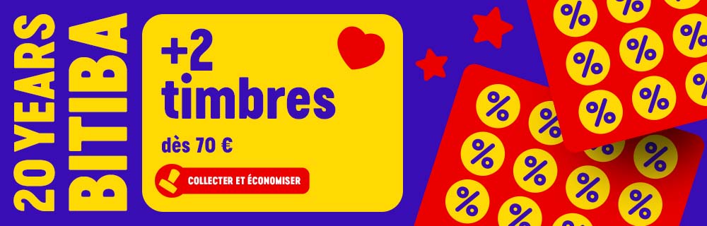 Collectionnez et économisez : +2 timbres gratuits pour tout achat supérieur à 70€. 20 ans de Bitiba.