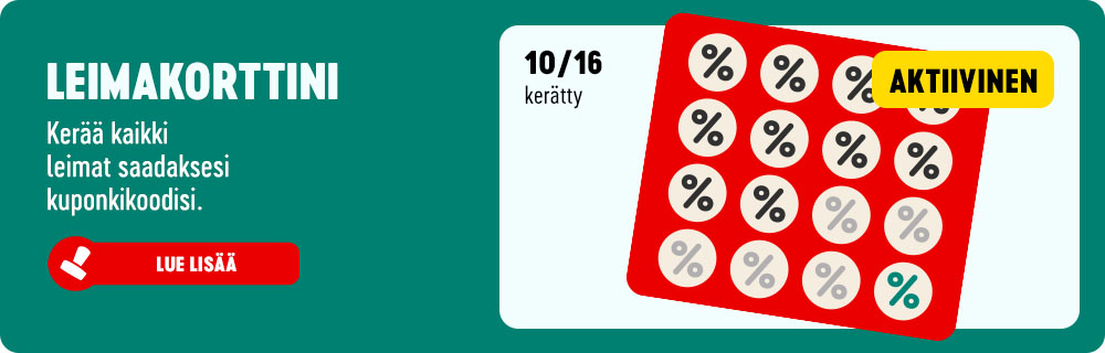 Leimakorttini. Kerää kaikki leimat saadaksesi kuponkikoodisi. Lue lisää.