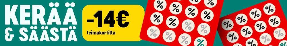 Kerää & säästä. 14€ alennusta leimakortilla. Lue lisää.