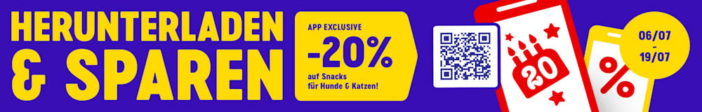 Herunterladen & sparen: App exclusive -20% auf Snacks für Hunde & Katzen! 06/06-19/07