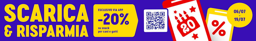 Offerta di compleanno: sconto del 20% su snack per cani e gatti solo da App!
