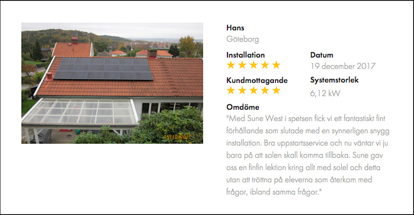 Kundomdöme av solcellsinstallation från Hans från Göteborg för Gothia Solenergi
