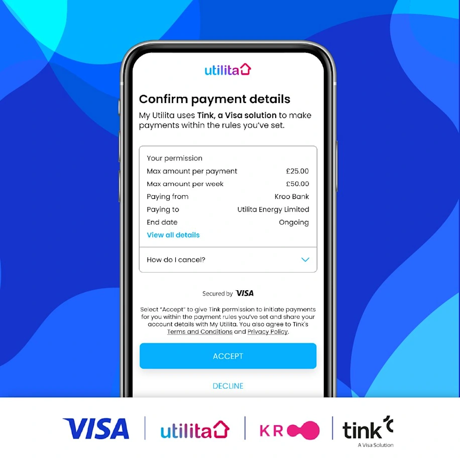 The first Visa A2A transaction between Visa, Tink, Kroo Bank, and Utilita