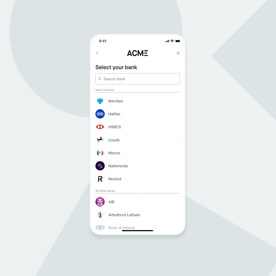 This image visualises Tink’s bank selection screen, which allows users to find their bank using the search box, or by scrolling through an alphabetically sorted list.