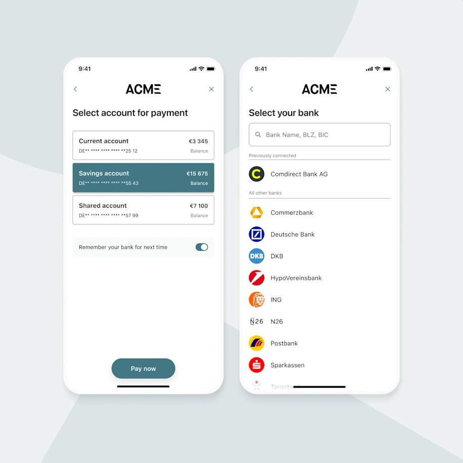 This image visualises how an easy-to-use payment flow could look where users can toggle on a ‘remember my bank’ option, allowing them to explicitly opt in to remember their bank.