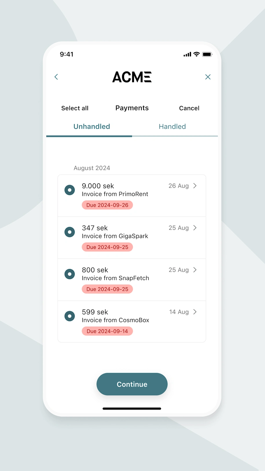 This image depicts a mobile phone screen that visualises a mobile payment experience for paying an invoice with Tink.