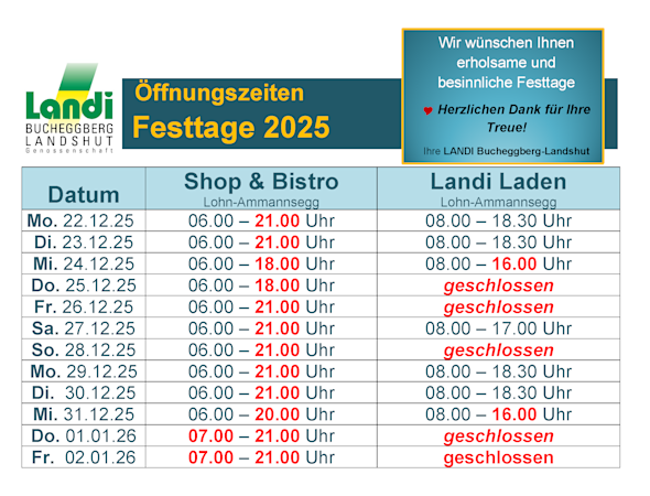 Öffnungzeiten Weihnachten/Neujahr 2025 Shop & Laden Lohn