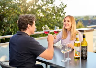 Services, Festlieferservice, Mann und Frau stossen mit Wein an