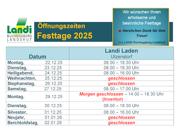 Öffnungzeiten Weihnachten/Neujahr 2025 Laden Utzenstorf