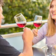 Hero, Services, Festlieferservice, Mann und Frau stossen mit Wein an