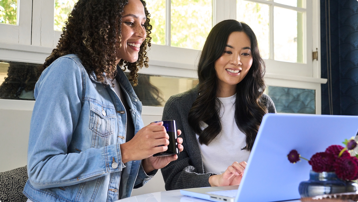 Stock photo. Two women at laptop.