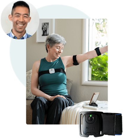 Woman stretching with Hinge Health tablet
