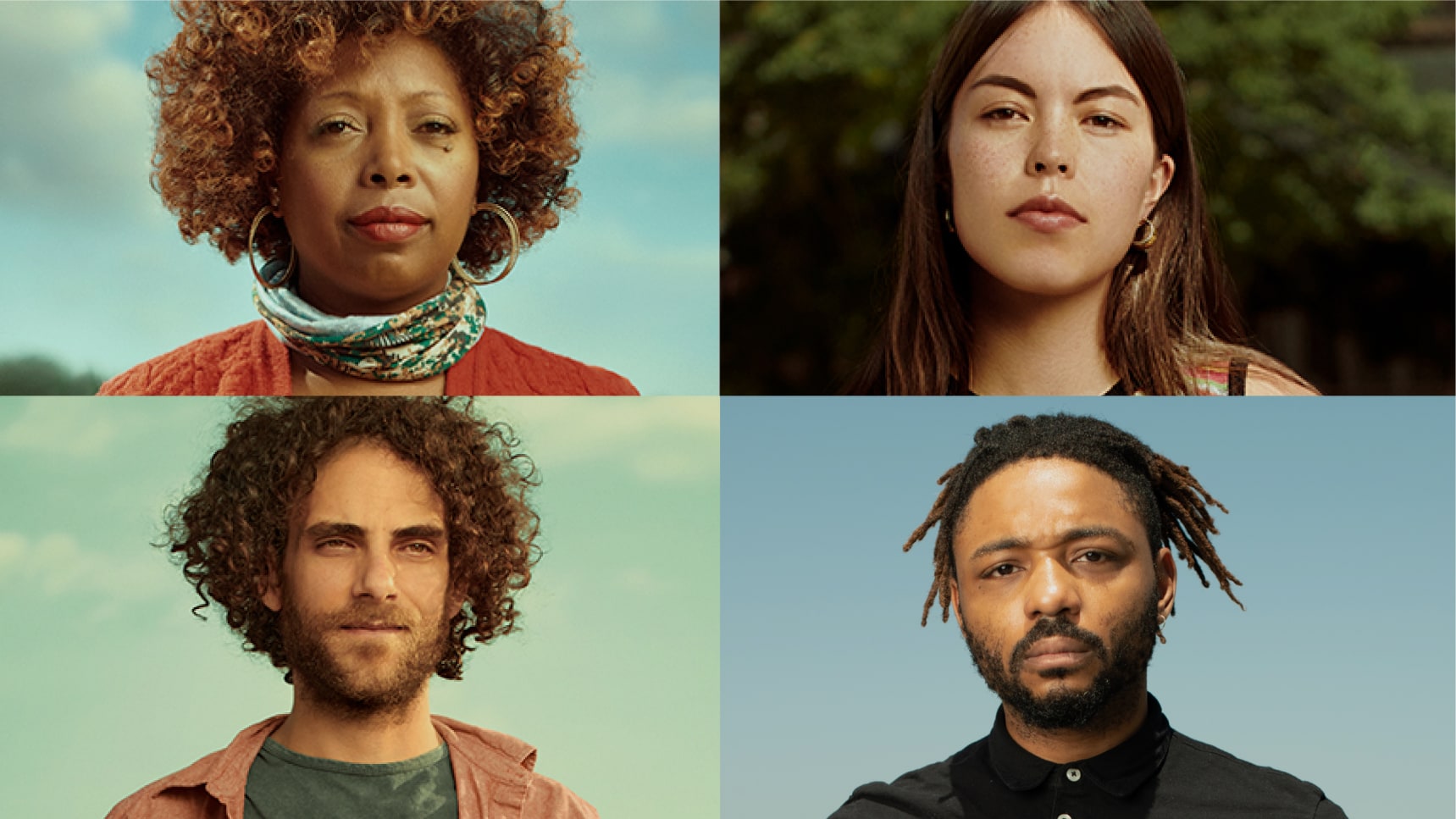 Four people of various backgrounds look into the camera.
