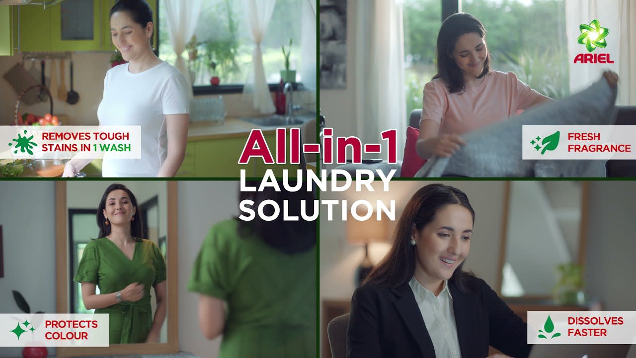 Ariel All-in-1 laundry solution advertisement showing benefits: removes tough stains in 1 wash, fresh fragrance, protects colour, and dissolves faster.