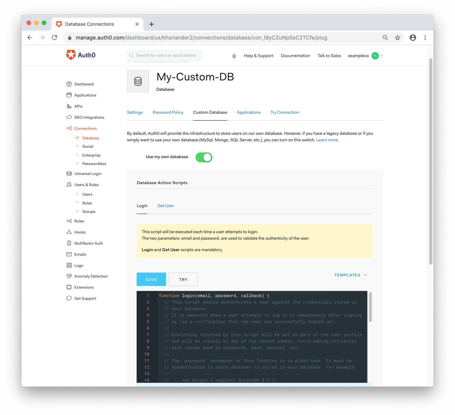 Dashboard: Enable Use Own Database Option Screen 1