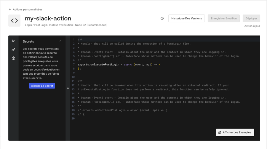 Actions Code Editor (Éditeur de code d’actions)