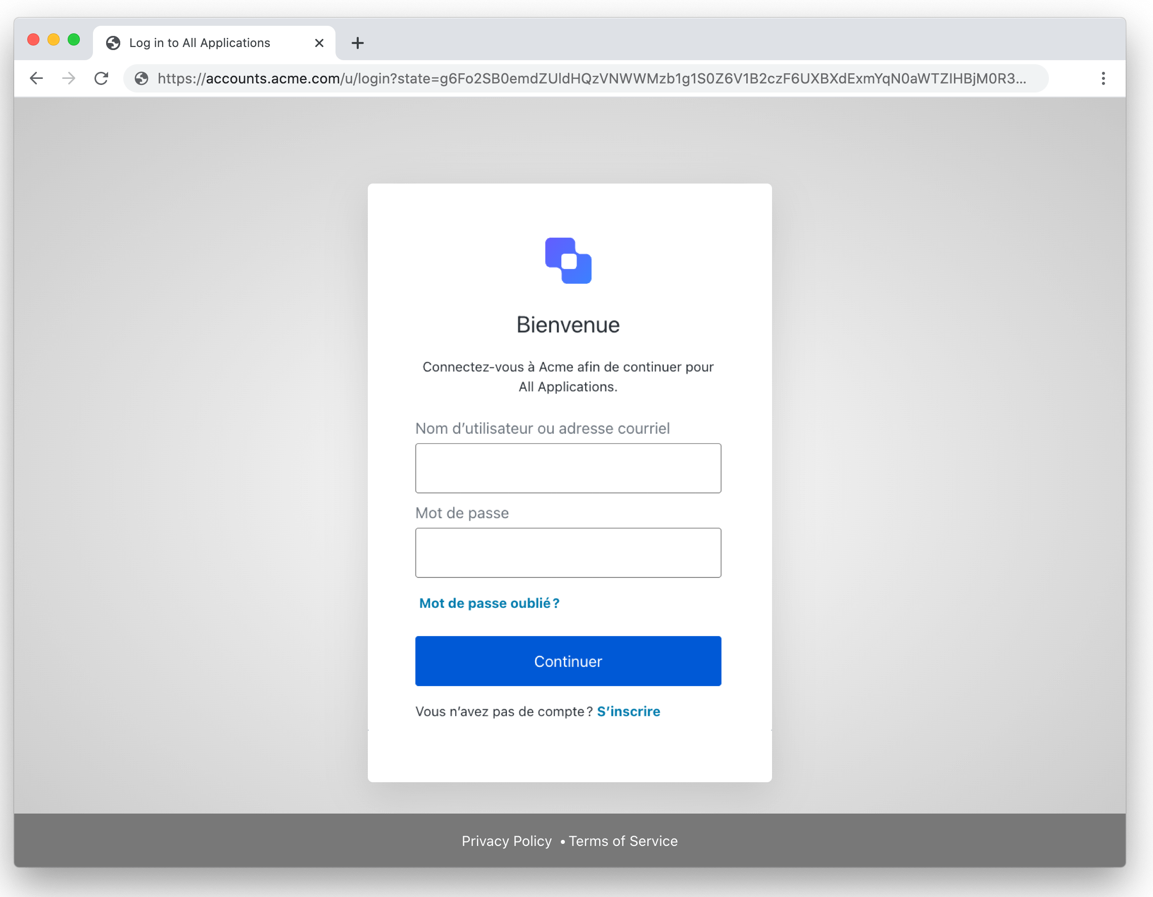 Boîte Universal Login (Connexion universelle) et exemple de présentation d’adresse électronique/mot de passe et pieds de page