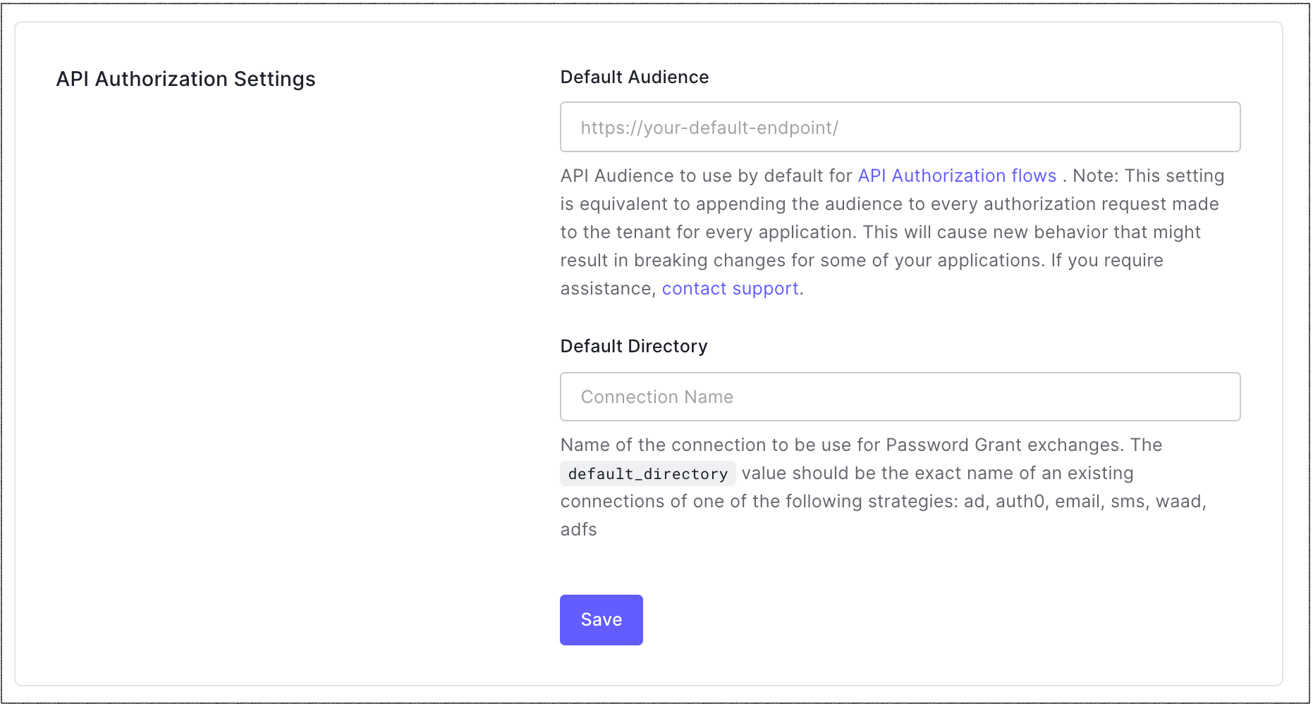Dashboard Tenant Settings General Tab API Authorization Settings