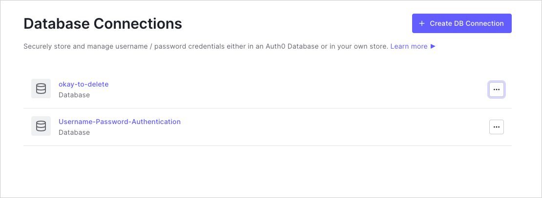Dashboard - Authentication - Database - Database Connections List