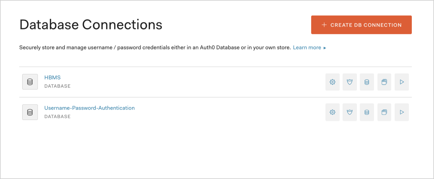 Dashboard - Authentication - Database - Database Connections List