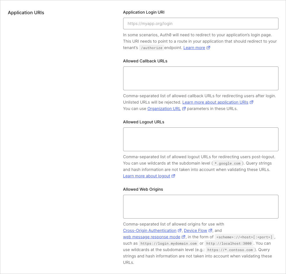 Dashboard Applications Application Settings Application URIs