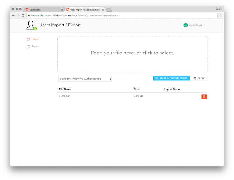 Dashboard - Extensions - Users Import Export - Ready for Import