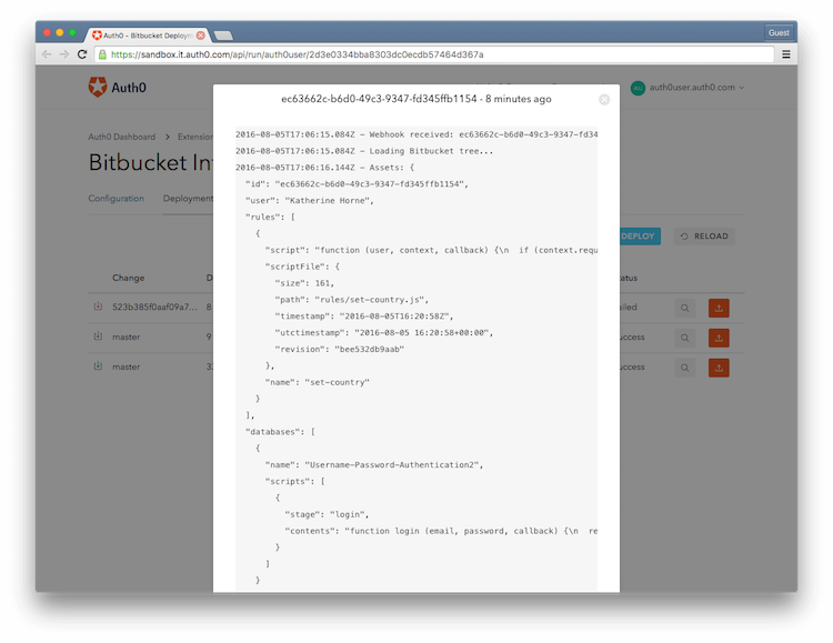 Dashboard - Extensions - Bitbucket - Logs