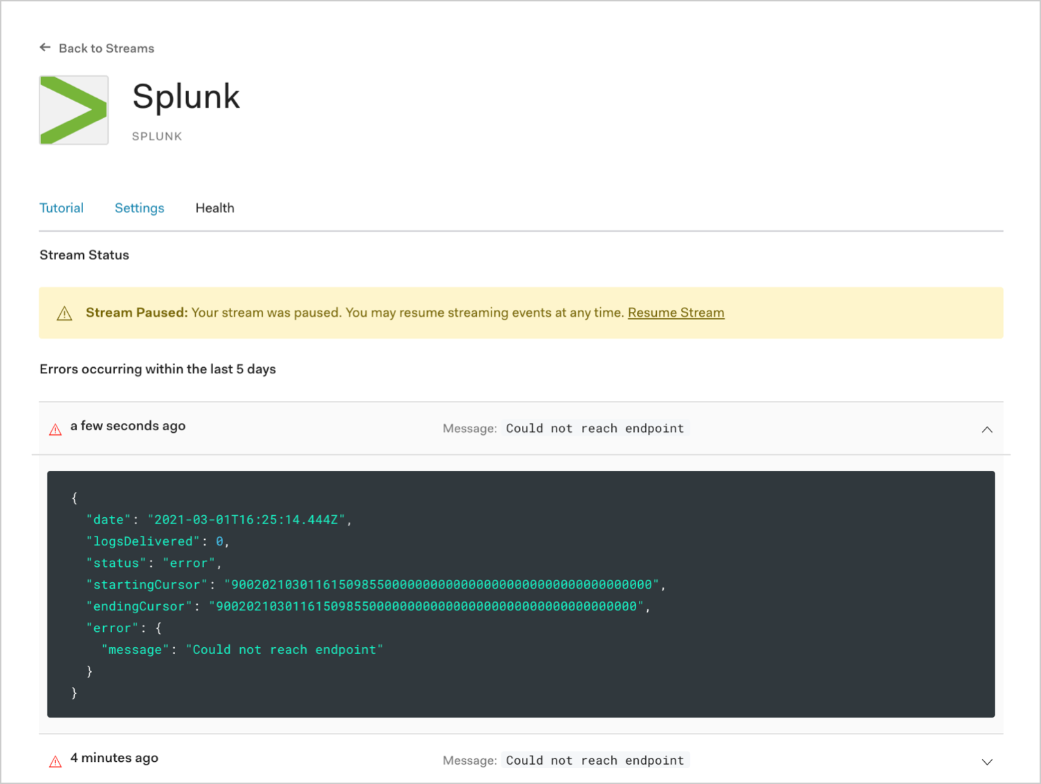 Dashboard - Streams - Log Delivery Errors