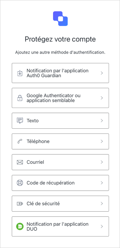 The authentication method selection screen