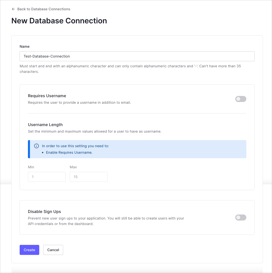 Dashboard - Authentication - Database - New DB Connection