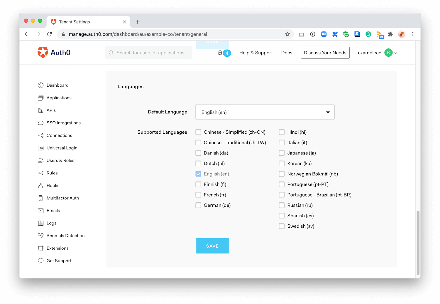 Dashboard - Tenant Settings - Languages