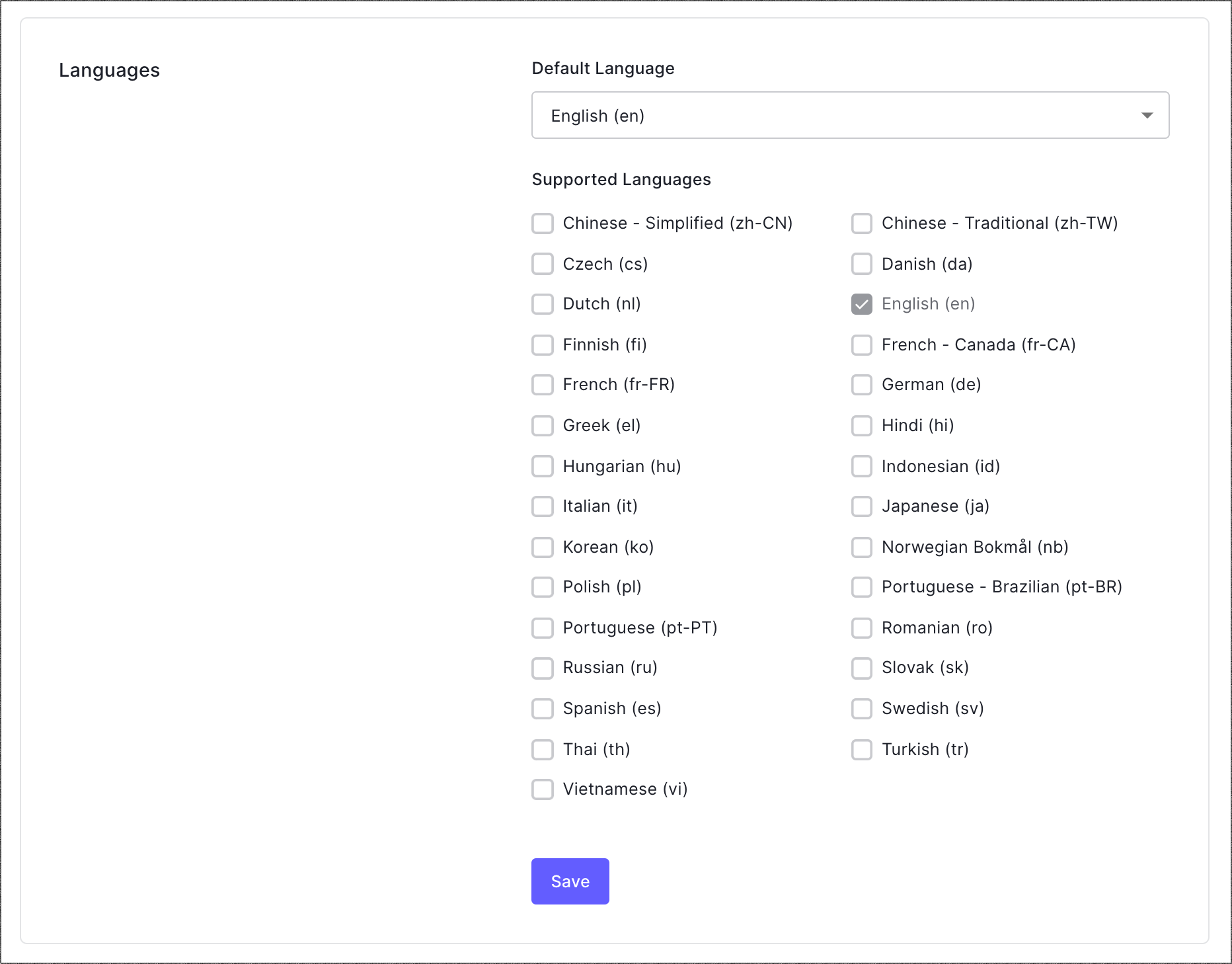 Dashboard Tenant Settings General Tab Languages