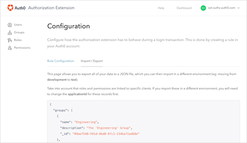 Dashboard - Authorization Extension Dashboard - Configuration - Import Export