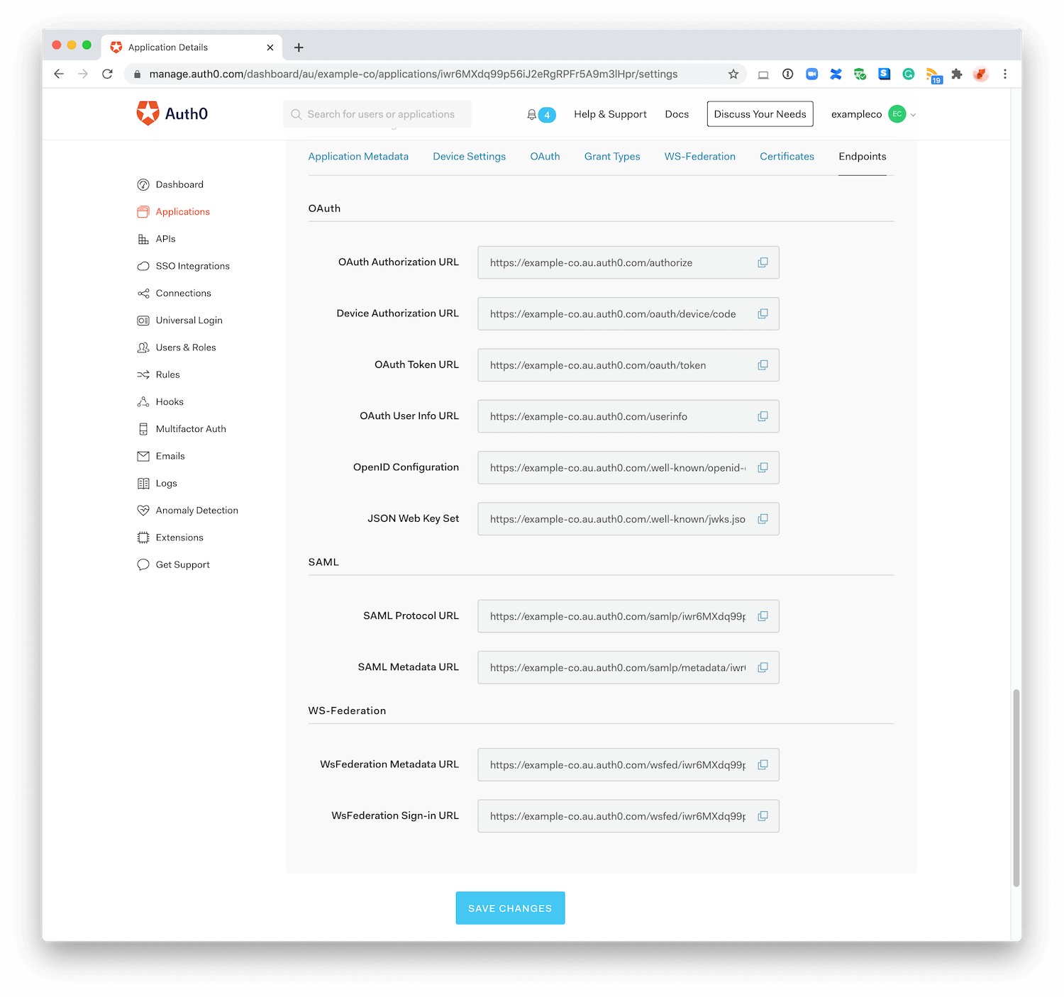 Dashboard - Applications - Advanced - Endpoints