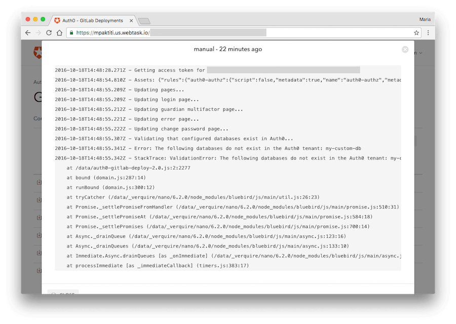 Dashboard - Extensions - GitLab Deploy - Failed Deployment Log