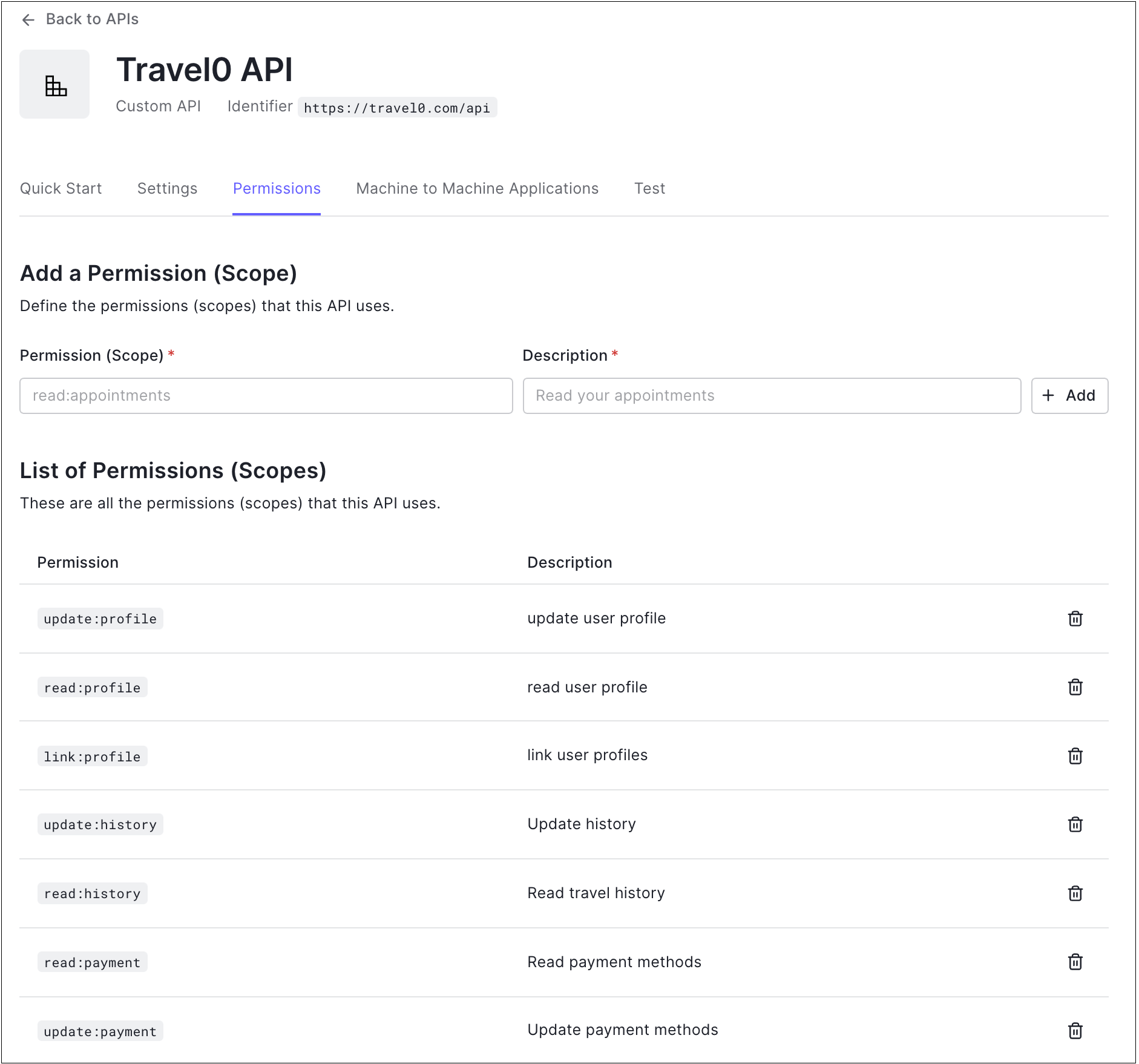 Dashboard Add API Permissions API Define Permissions Screen