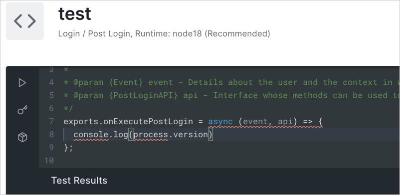 The Actions Code Editor where you can write code. Node 18 is the selected version.