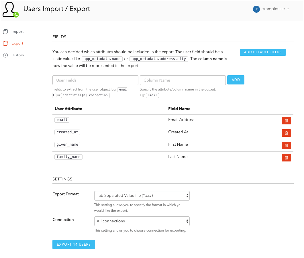 Dashboard - Extensions - User Import/Export - Extension Fields