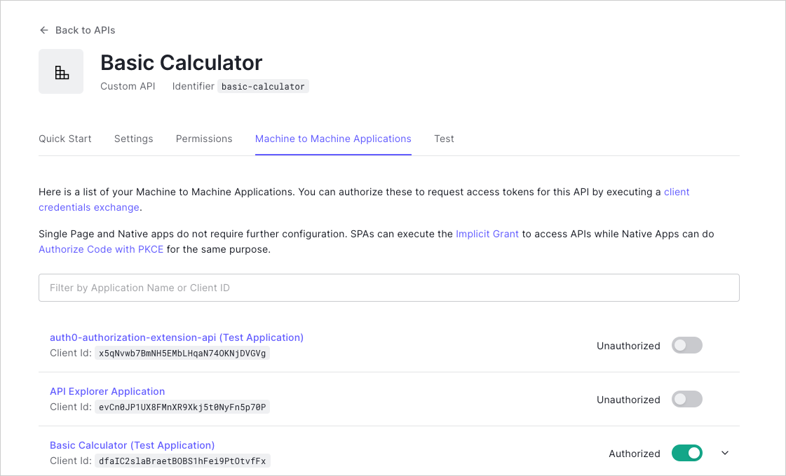 Dashboard - Create API - View M2M Applications - Basic Calculator - Azure API Management Integration