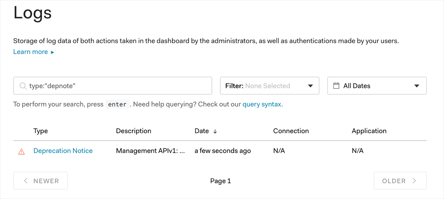 Management API v1 Log Query screen