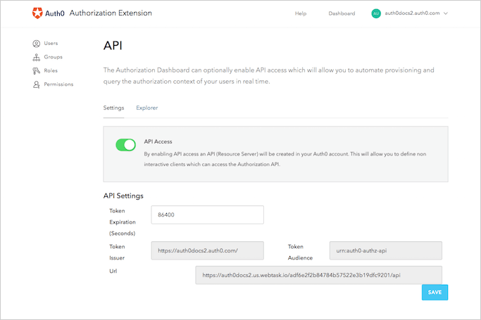 Dashboard - Extensions - Authorization Extensions Dashboard - API Access Enabled