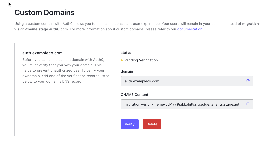 Auth0 Branding Custom Domains Auth0-Managed Certificate Verify Domain