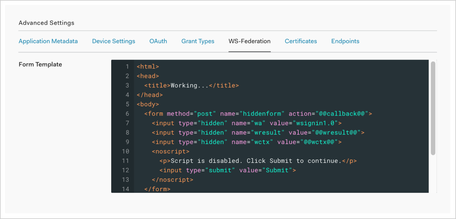 Dashboard - Applications - Application Settings - Advanced - WS-Federation