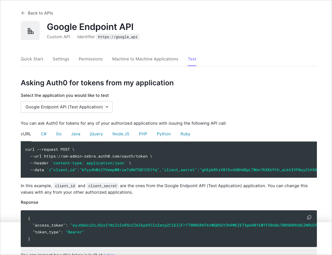 Dashboard - API - Integrations - Google Endpoints - Copy Token