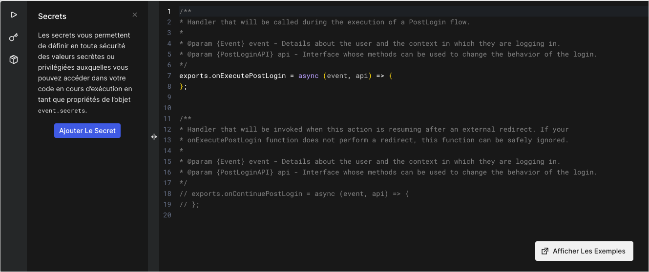 Éditeur de code d’actions - Votre secret a été ajouté dans la section Secrets.