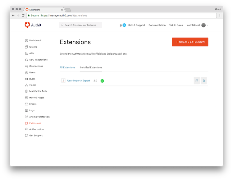 Dashboard - Extensions - Users Import Export - Installed Extensions List