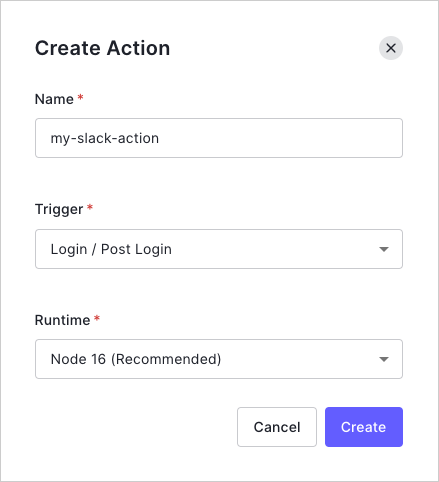 Create Action popup
